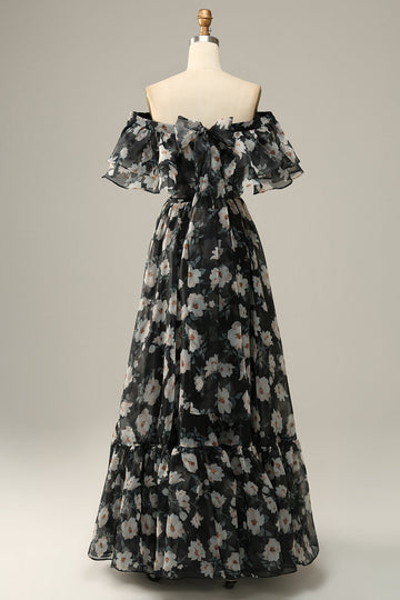 Detachable Strapless Black Flower Off The Shoulder Ball Dress